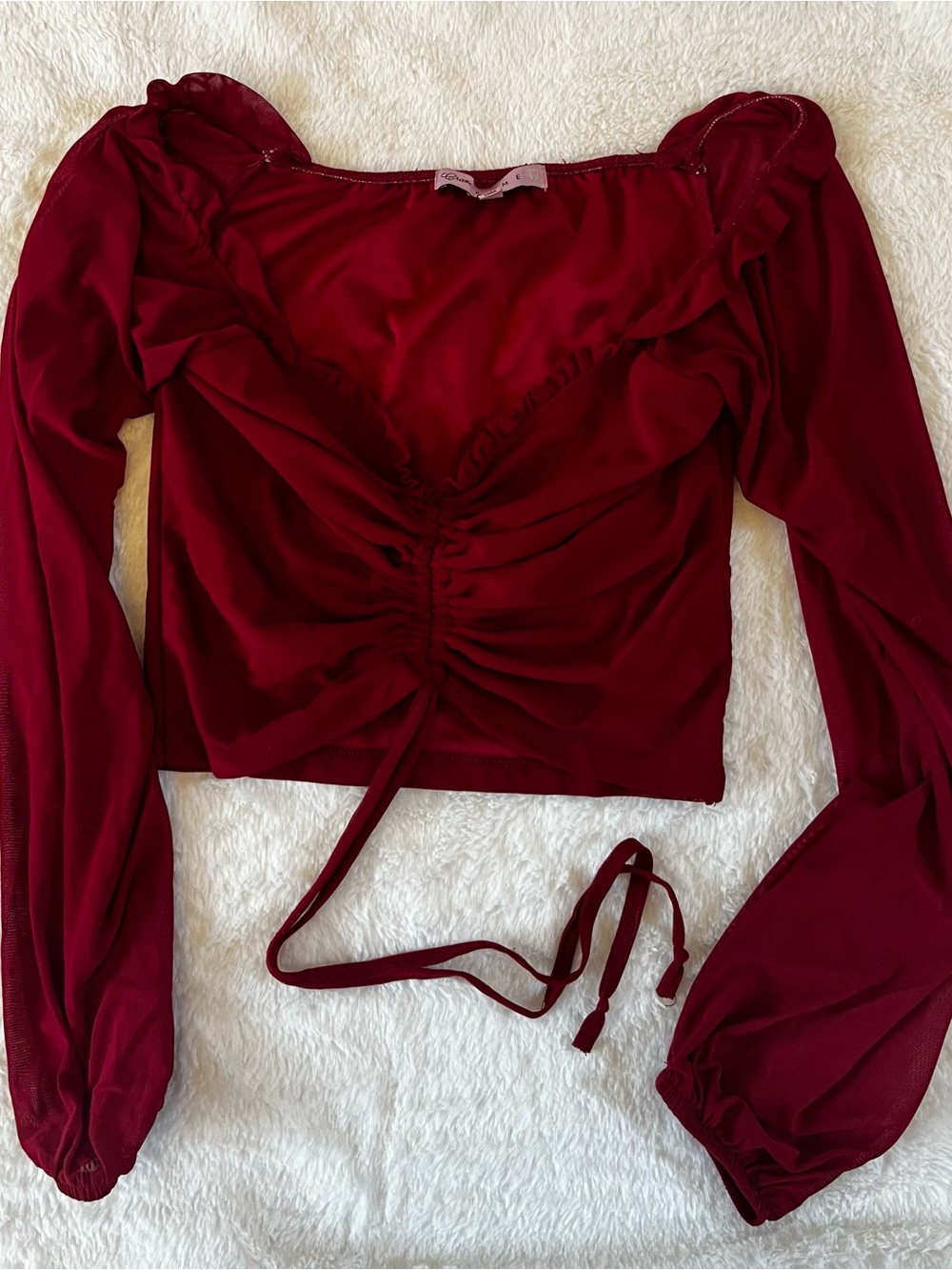 Women's Ruched Long-Sleeve Crop Top - Red